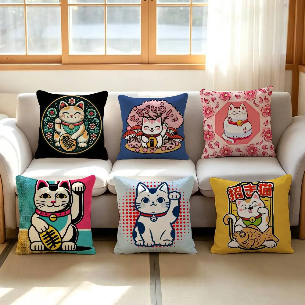 Lucky Cat Japanese Maneki-neko Pillow Case Sofa Living Room Bedroom Double-sided Printing Square Cushion Nap Time Pillow Case