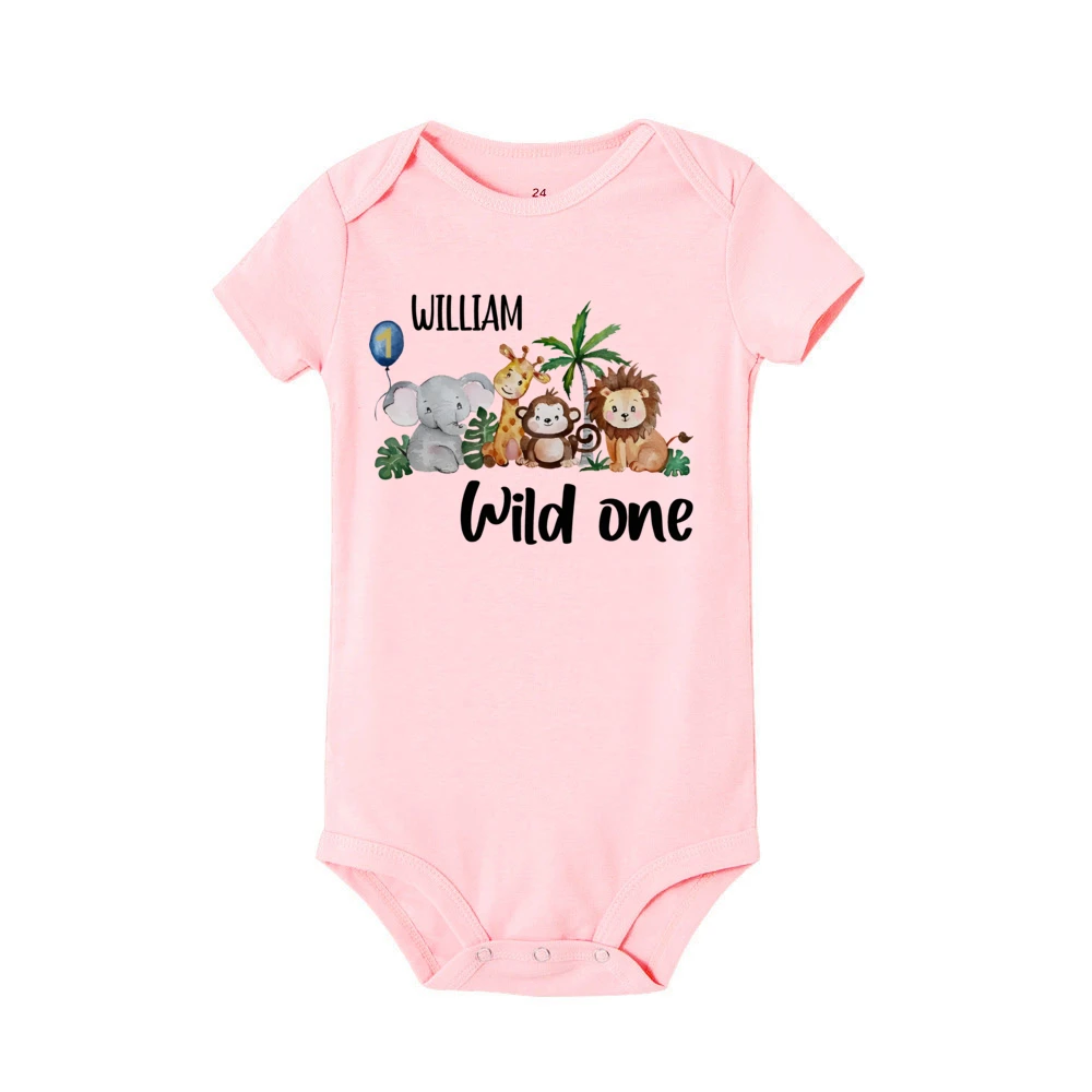 Custom Name Wild ONE&Animal Print Infant Bodysuit Personalized Birthday Short Sleeve Baby Romper Birthday Boy Clothes