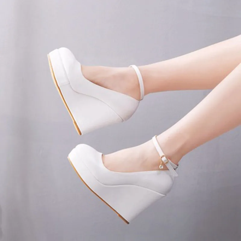 Large size round toe platform high-heeled shoes sloping single shoes with wedge heels white black wedge heels for women