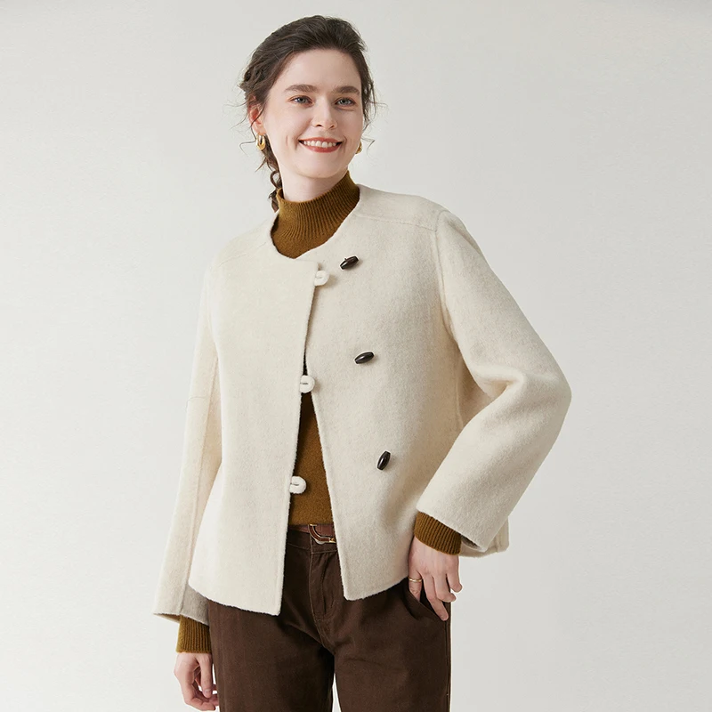 New Double-Sided Cashmere Coat For Women Short Style 100% Wool Coat With Horn Buttons High-End Formal Shoulder Women'S Clothing