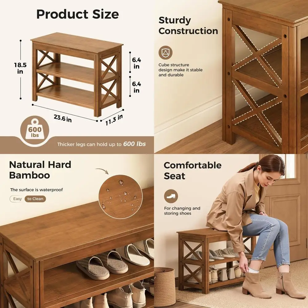 مقعد رف أحذية من الخيزران مكون من 3 طبقات، مساحة تخزين ريفية، بني X، 23.6 بوصة #1