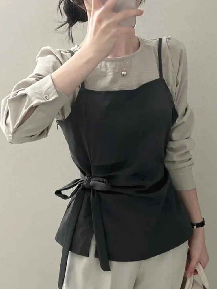 Korean Style Long Sleeve Shirt Women's Base Layer Top Knot Tie Belt Strap Two Piece Set Breathable Skin-Friendly