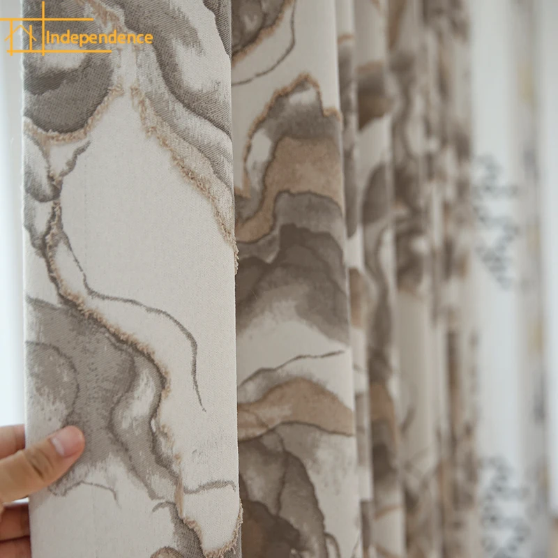 

Chinese Style Marble Texture Jacquard Thickened Curtains for Living Room Bedroom French Window Balcony and Bay Window Customized