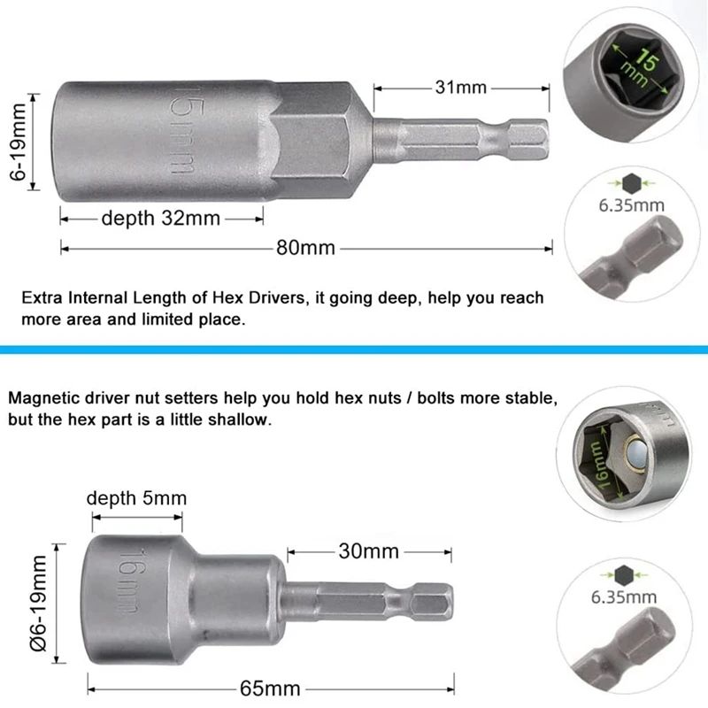 Magnetic Nut Driver Set Long Bolt Hex Socket Metric 6Mm-19Mm Screwdriver Bits For Impact Drills