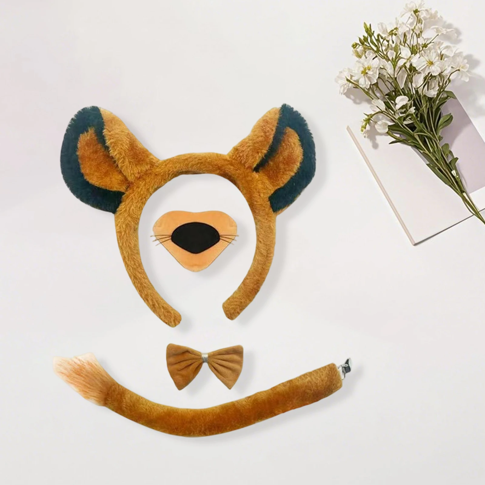 4 Pcs Halloween Lion Costume Props Plush Ear Headband Nose Bow Tie Tail Kit Festive Role Playing Accessories for Party Cosplay
