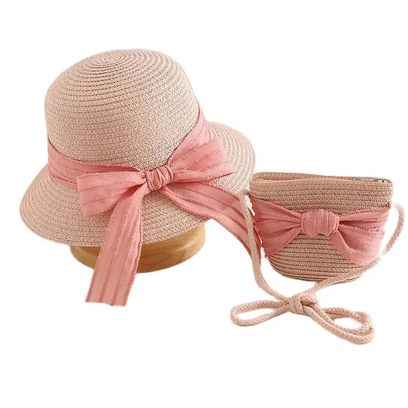 XEONGKVI Rural Style Pink Butterfly Ribbon Parent-Child Sun Hats Bag Set Spring Summer Brand Beach Straw Cap For Women Girl