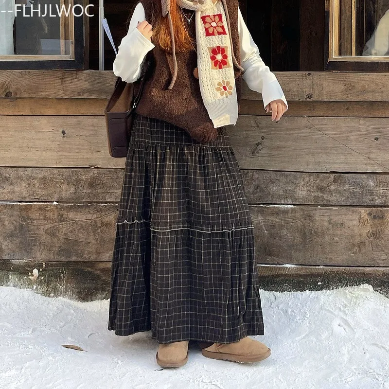 Brushed Woolen Skirts Warm Thick New Hot Autumn Winter Woman Cute Sweet Girls Japan Preppy Style Retro Vintage Long Plaid Skirt