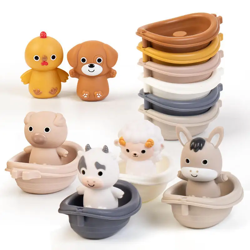 Stapelbaar badspeelgoed Zintuiglijke drijvende bootset Ouderschap Hack met dierenvingerpoppetjes Baby-peuteractiviteiten Waterspelplezier
