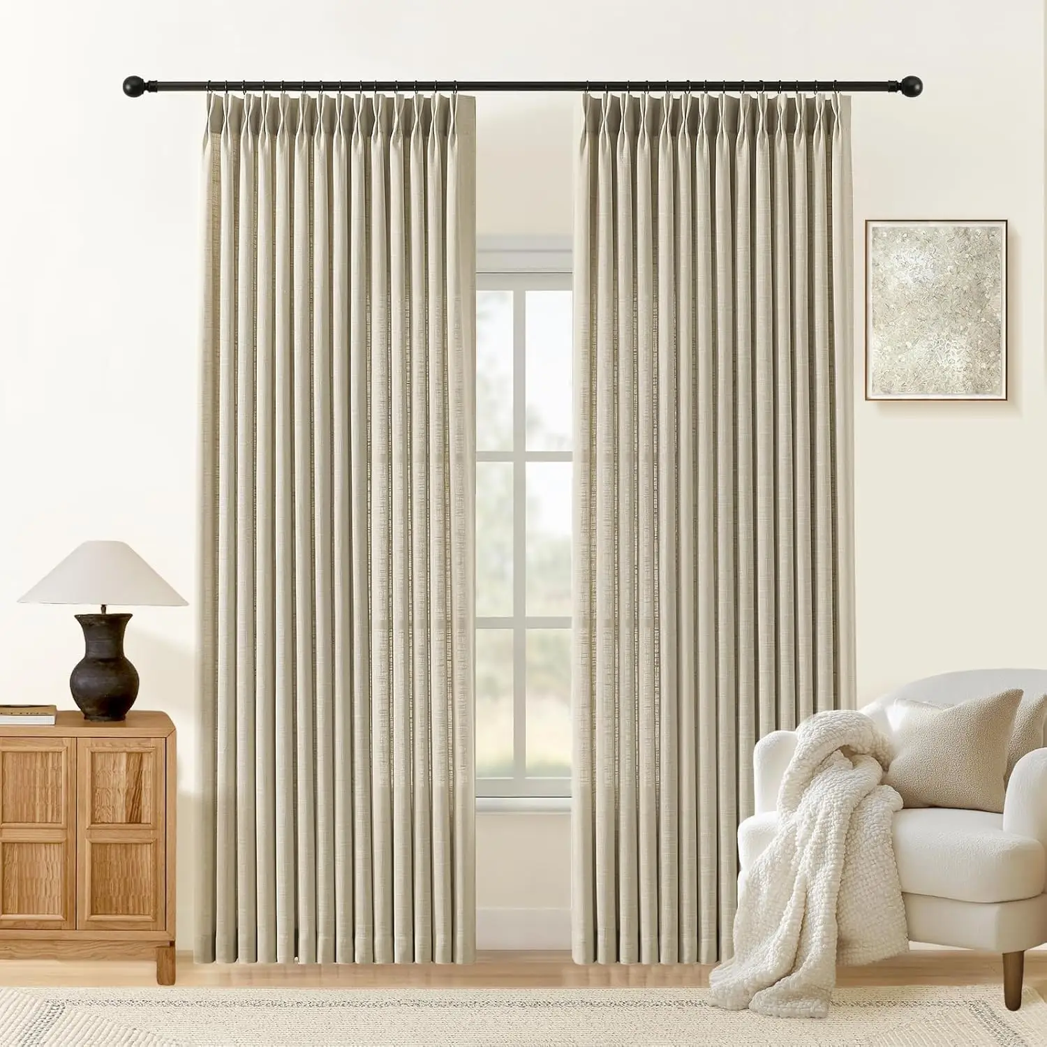 

90 Inch Pinch Pleated Curtains 2 Panel Set, Light Filtering Semi Sheer Linen Blend Drapes, 40"W x 90"L, Burlywood Birch