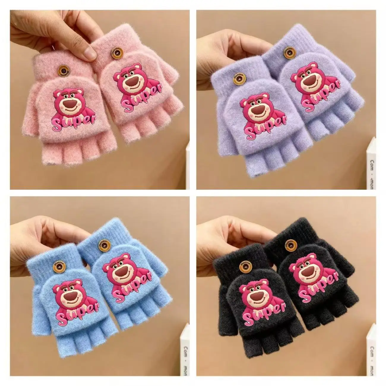 

Disney Winter Children Half-Finger Flip-top Gloves Kids Boys Cartoon Lotso Strawberry Bear Print Keep Warm Girls Mittens 1-13T