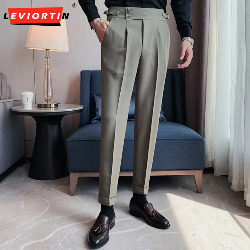 2023 High quality business casual high waisted straight leg slimming cropped pants for men's Korean version with small feet