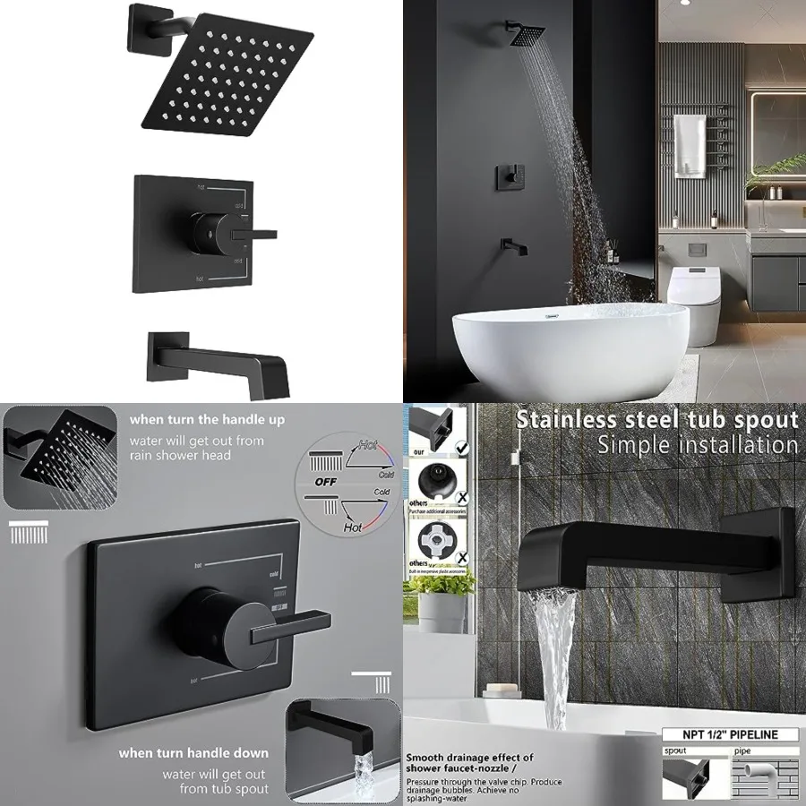 

Shower Fixtures, Shower Faucet Set with 6 Inch Shower Head and Tub Spout, Black Shower Head and Handle Set Valve Included