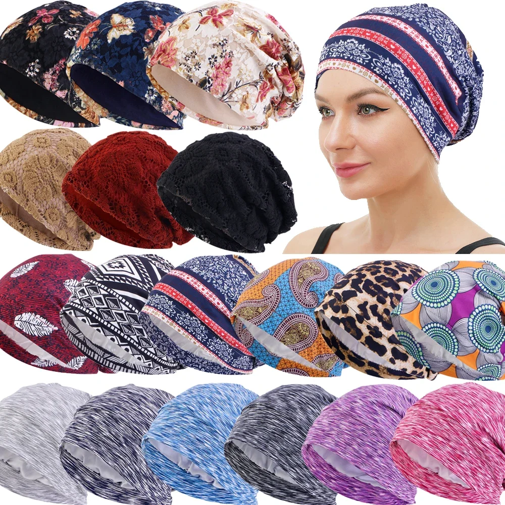 Women Men Turban Beanies Chemo Cap Print Hair Loss Covers Baggy Headscarf Wrap Bonnet Cancer Hat Sleeping Night Headwear Unisex