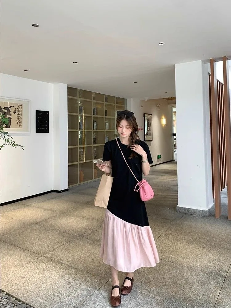 Casual Style Women's Short Sleeve Dress Irregular Color Block Loose Fit round Neck T-Shirt Long Skirt New Style Thin Gauze
