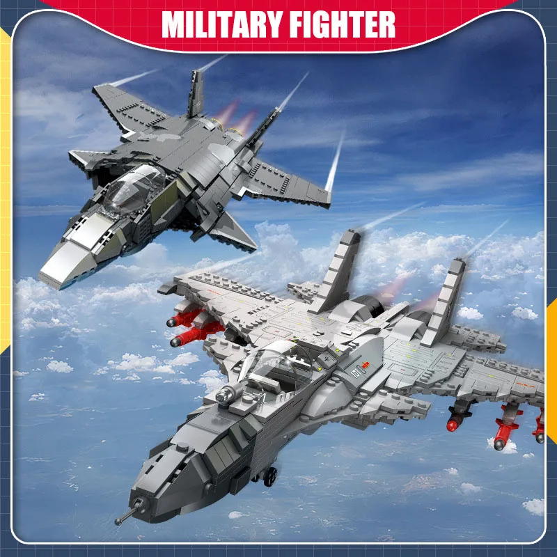 WW2 Military Army MOC J-15 J-20 Fighter Jet Model Building Blocks DIY Assemble Airplane Weapon Bricks Toys For Children Gifts