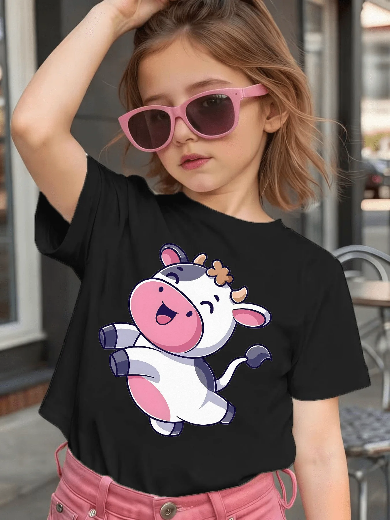 Cute Cartoon Jumping Cow Graphic Kids Tee Boys Girls Family Matching Cotton Crew Neck Short Sleeve Soft Casual Summer Tee