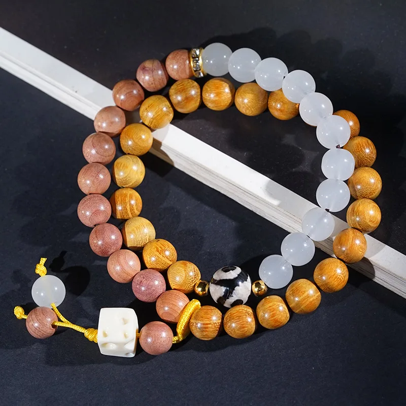Golden Sandalwood Double Layer DIY Two-Tone Blood Cedar Chinese Style Bracelet Unisex Buddhist Rosary Wooden Beads