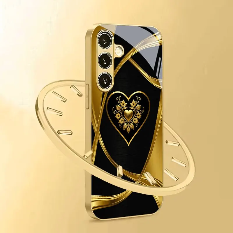 Golden Line-shaped Heart-shaped Pattern TPU Glass Phone case, suitable for Samsung S26/S25/S24/S23/S22/S21/S20 and other models.