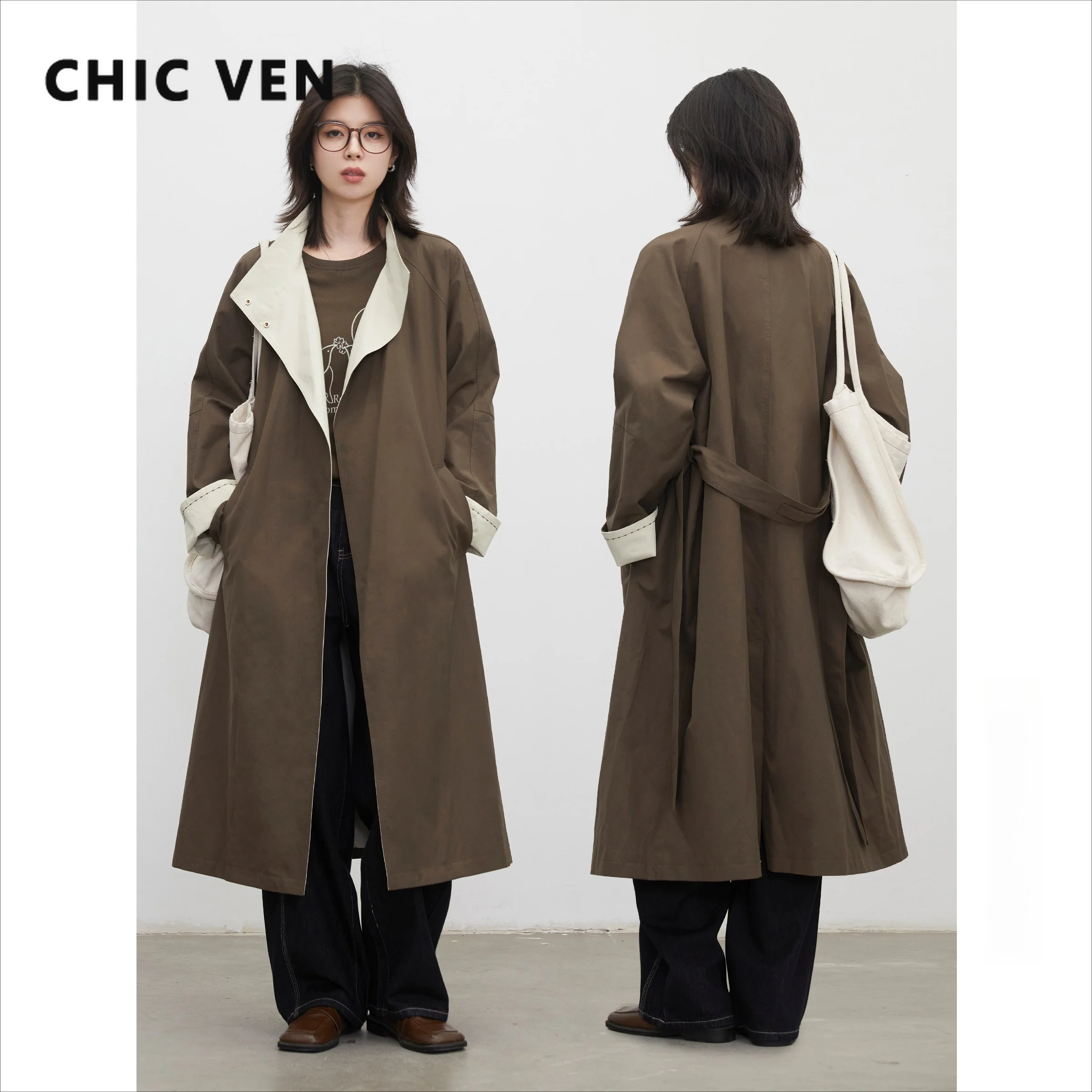 CHIC VEN Women Trench Coats Fashion Casual Contrast Stand Up Collar Loose Long Coat with Belt Female Clothes Spring Autumn 2026