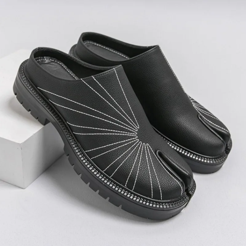 Fashion Leather Mules Slip on Backless Loafers Vintage Street Casual Flat Shoes for Men Daily Commute Footwear Platform Slippers