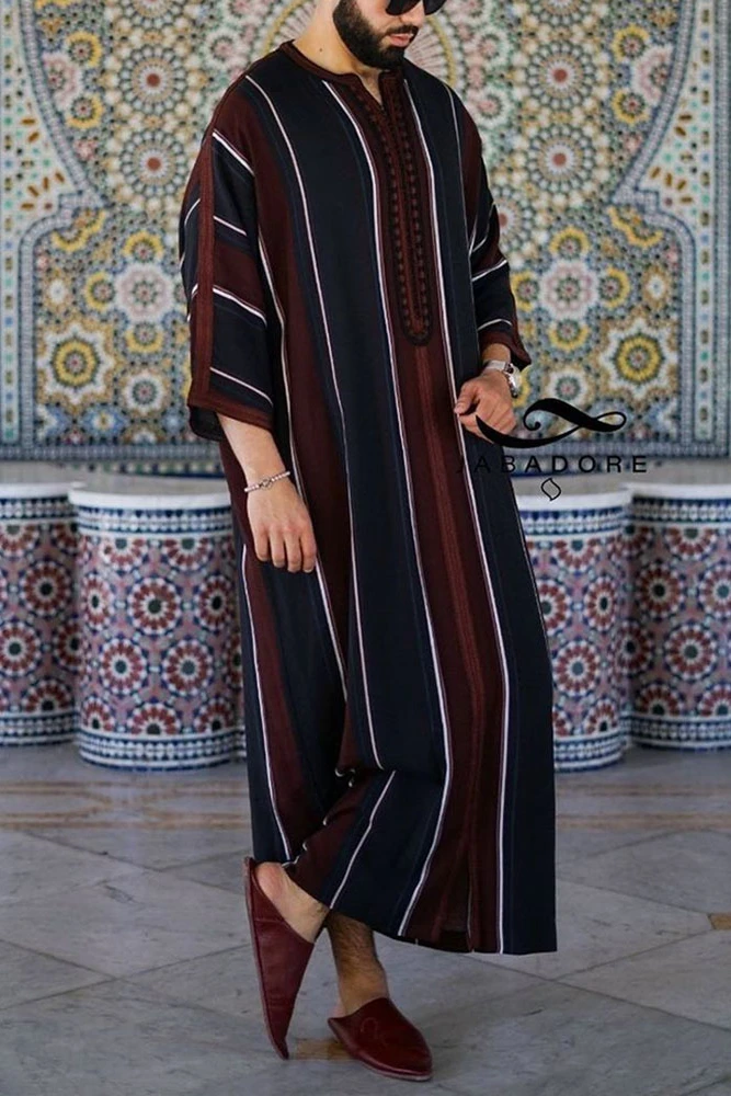 Longo Manto Muçulmano Masculino, Abaya Caftan, Jubba, Jalabiya, Stripe Printing, Dubai, Árabe, Eid, Marrocos, Ramadã, Verão, 2022