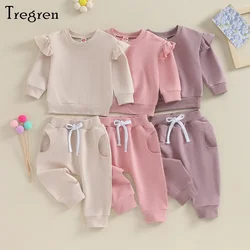 Tregren 0-24M Infant Baby Girls Clothes Long Sleeve Solid Color Sweatshirt Tops Pants 2pcs Set Outfits Toddler Casual Tracksuit