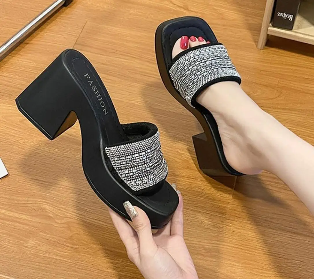 2024 Summer Korean Women's High Heels Thick Heel Slippers Fashion Sequins Thick Sole Sandals Elegant Women Party Dress Shoes