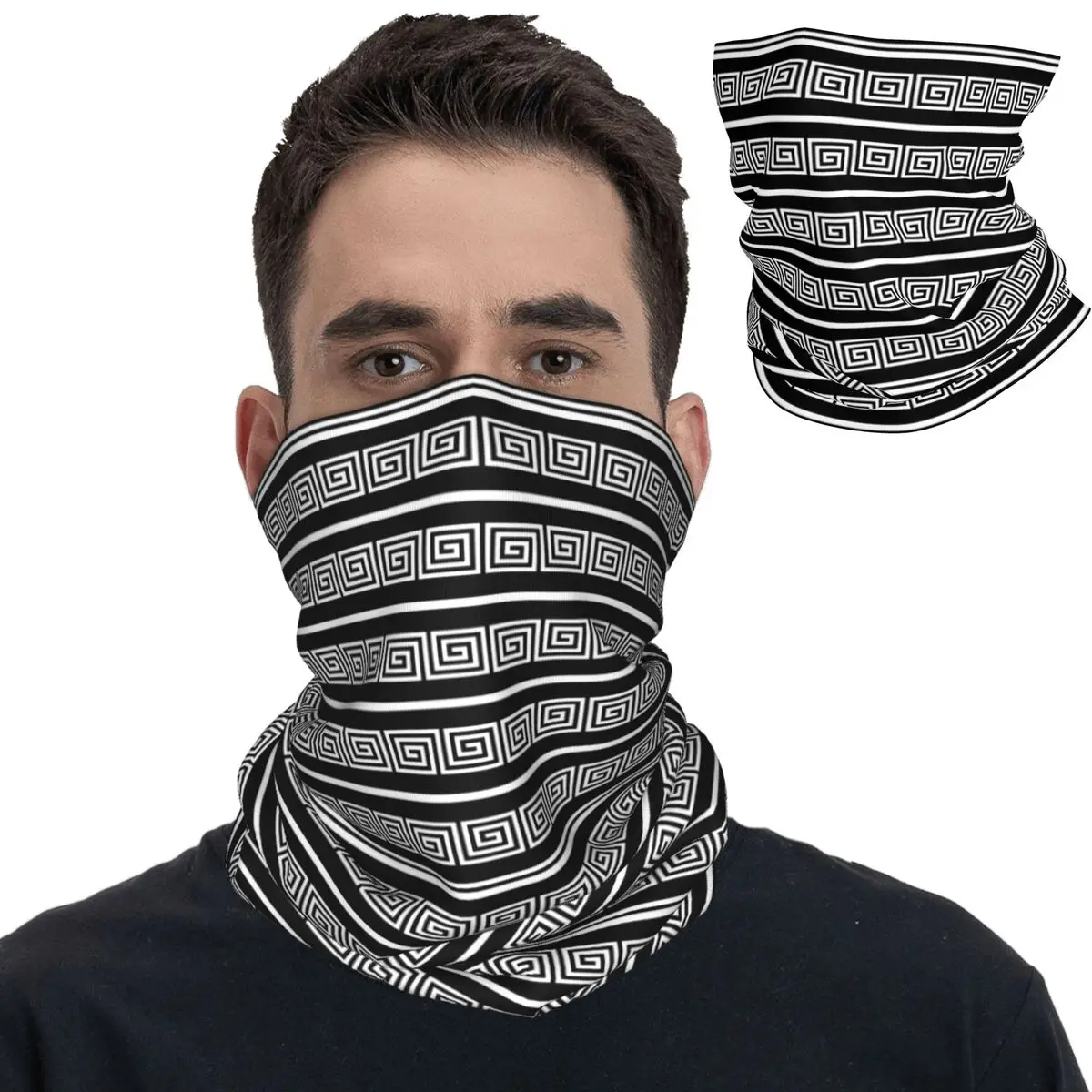 Greek Key And Line Black And White Bandana Neck Gaiter Printed Balaclavas Wrap Scarf Multi-use Headband for Men Women Adult