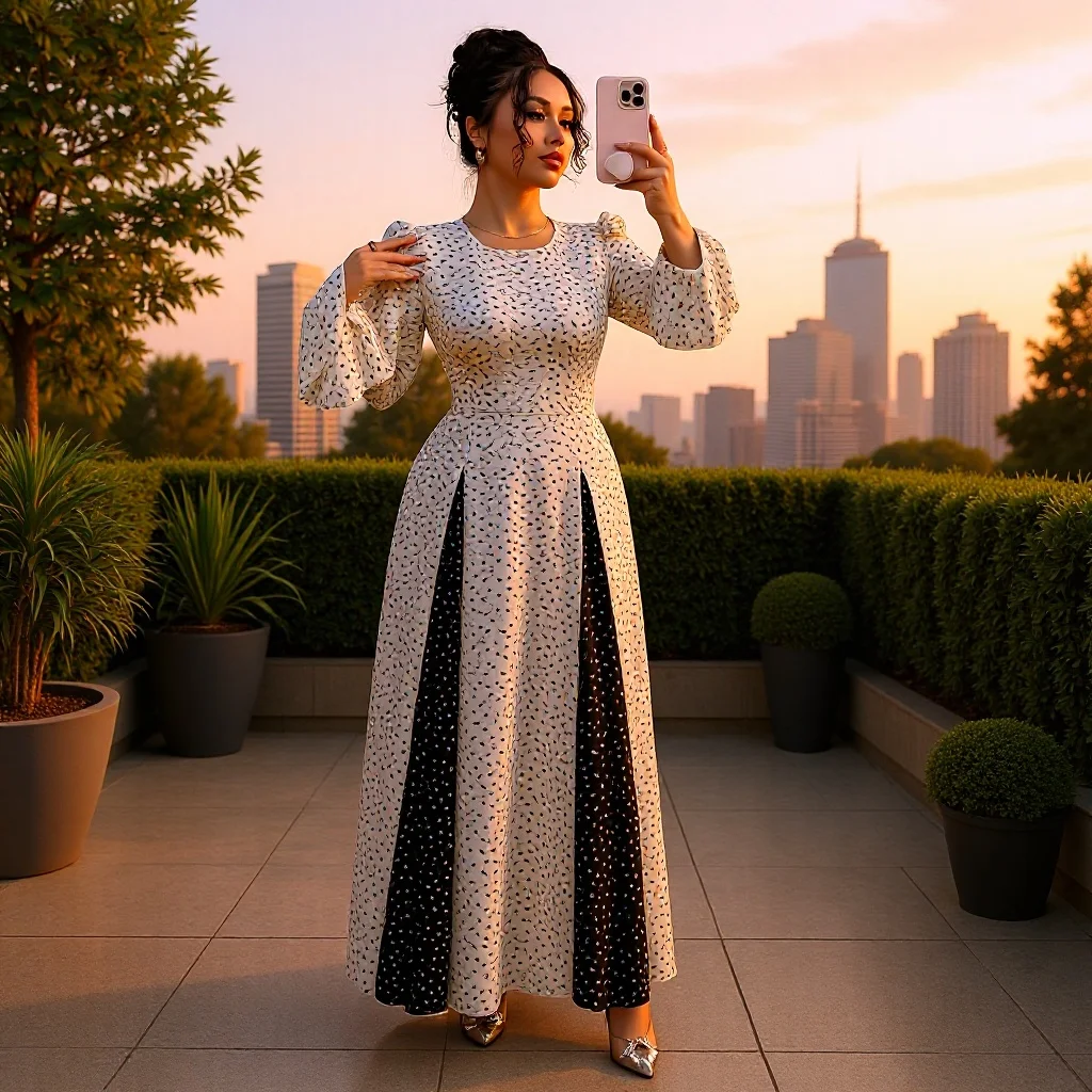 

2025 Spring & Autumn Women's Long Sleeve Round Neck A Line Contrast Color Dress, Stylish Black & White Patchwork Long Dress