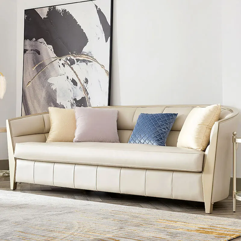 Top layer cowhide full solid wood French solid wood three-seater champagne gold fabric single solid wood sofa chair