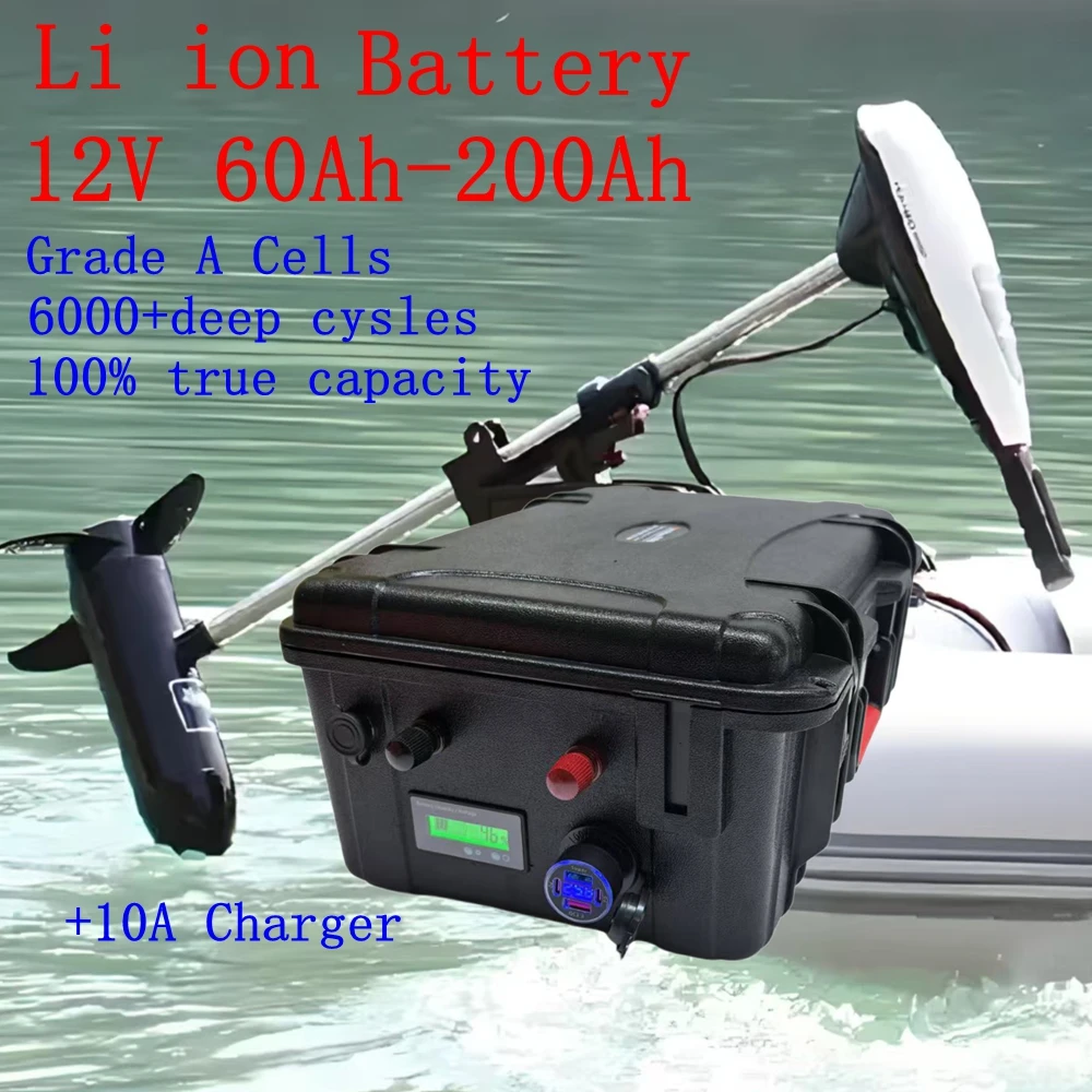 12V 60Ah 80Ah 120Ah 150ah 180ah 200ah Lithium ion battery for trolling motor boat propeller+10A Charger waterproof rechargeable