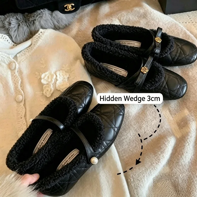 Lady Elegant Fleece Lined Hidden Wedge Mary Jane Flats, Quilted Square Toe Slip On Shoes, Metal Buckle Strap Winter Footwear