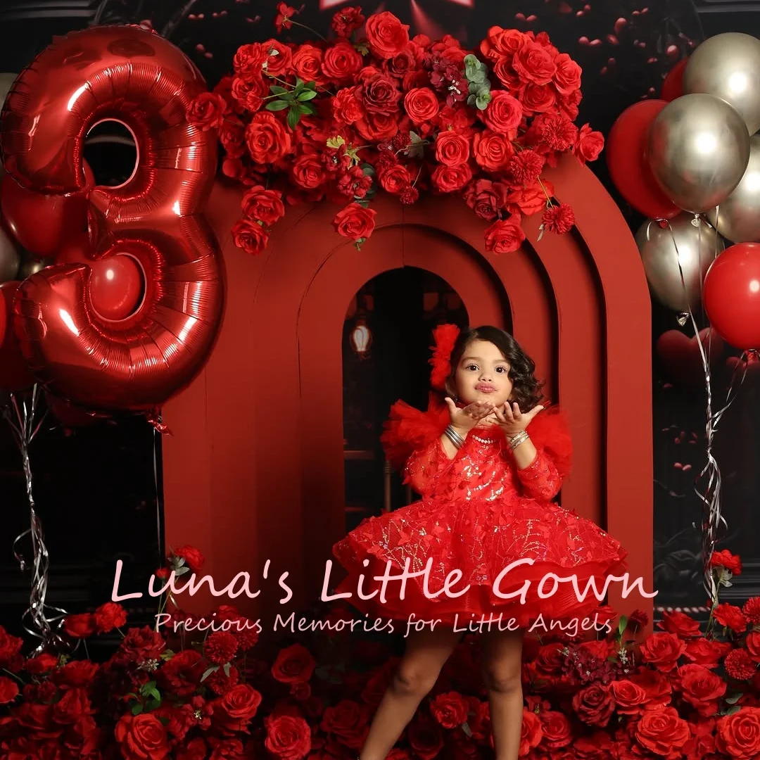 

Red Tulle Flower Girl Dress With Ruffled Sleeves & Sparkly Accents Kids 3rd Birthday Party & Photoshoot Formal Pageant Gown