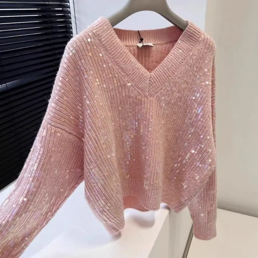 Autumn Spring Women V-Neck Pink Sequined Sweater Knitted Beading Pullovers Shiny Jumpers Knitwear Long Sleeve Crop Tops Sueter