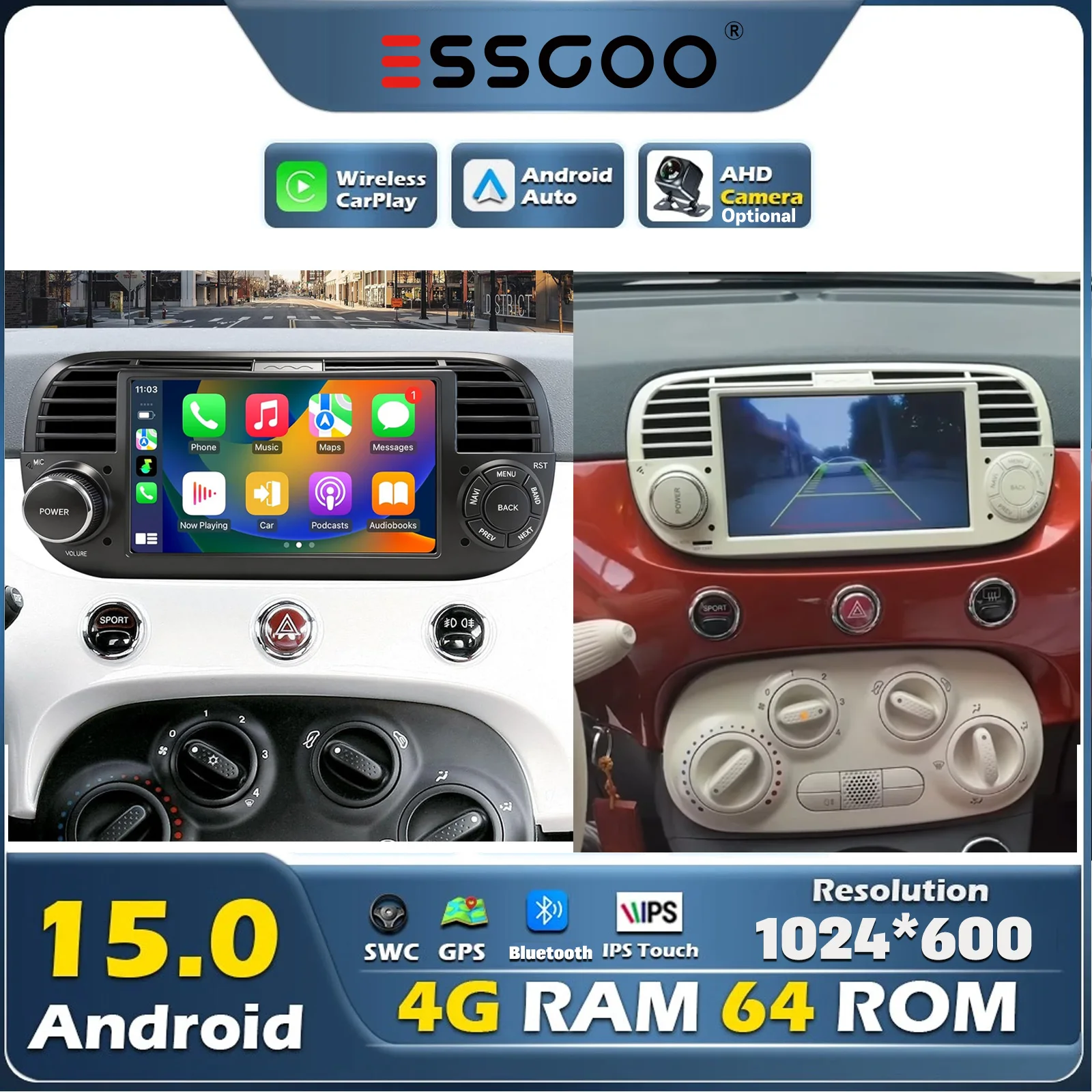 ESSGOO 4+64 GB Android 15 für Fiat 500 2007 2008 2009 2010–2015 Intelligentes Auto-System 2din GPS-Stereo-Receiver FM RDS Autoradio, DAB+, Kamera, erhältlich in Schwarz und Weiß.