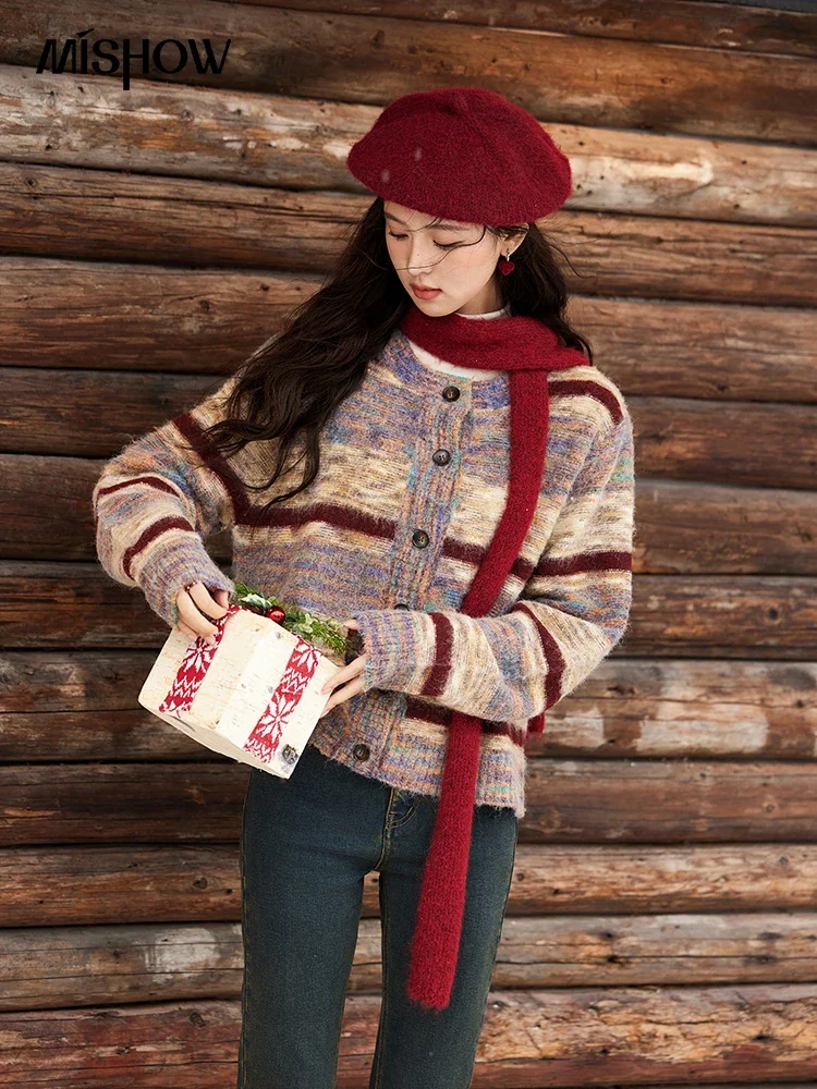 MISHOW Striped Sweaters Short Contrast Color Loose Casual O-Neck Single Breasted Tops Soft Warm Knitted Cardigans MXD59Z1061