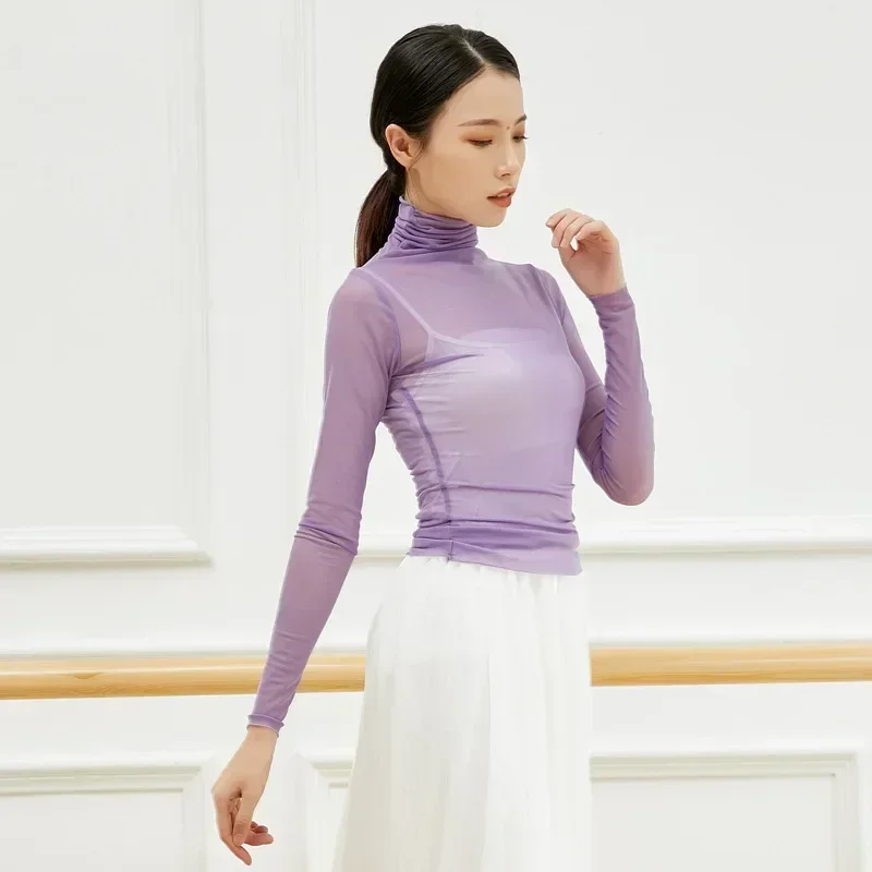 Adult Mesh Turtleneck Belly Dance Top Transparent Blouse Shirt Costume for Women Oriental Dance Clothes Dancer Wear Clothing