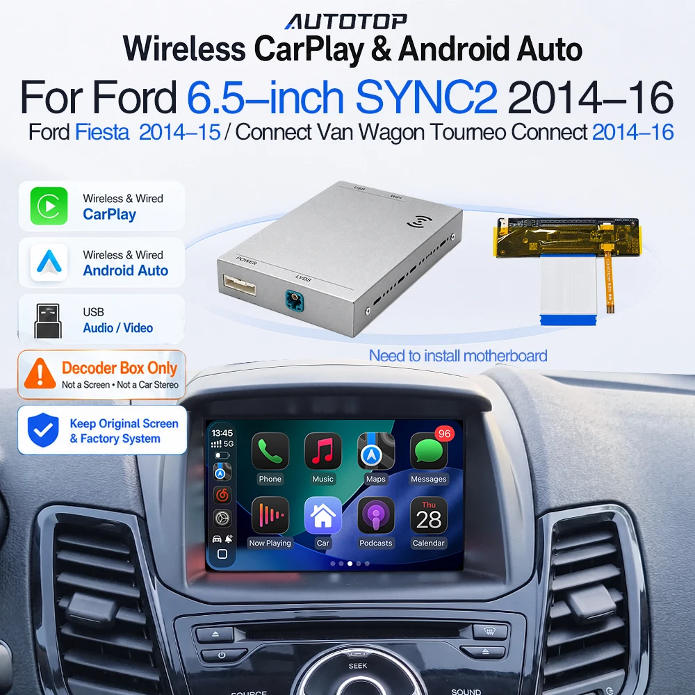 AUTOTOP Bezprzewodowy dekoder CarPlay Android Auto do Forda z 6,5-calowym ekranem SYNC 2, interfejs modernizacyjny do Fiesta 2014-2015, Transit Connect, Tourneo Connect 2014-2016, AirPlay, MirrorLink,