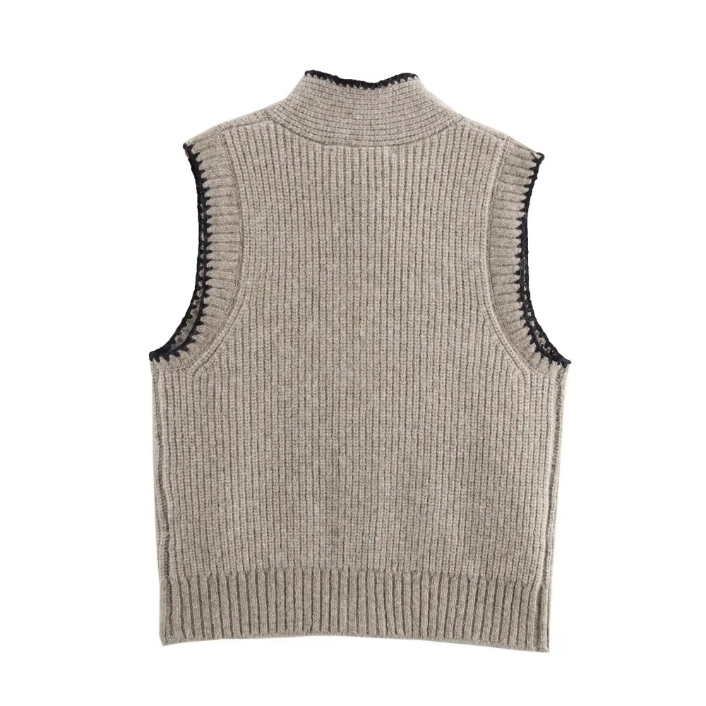 TRAF ZR Slouchy Comfy Waistcoat Knitwear Sleeveless Sweater Vest with Tied High Neckline&Contrasting Piping Embroidery for Women