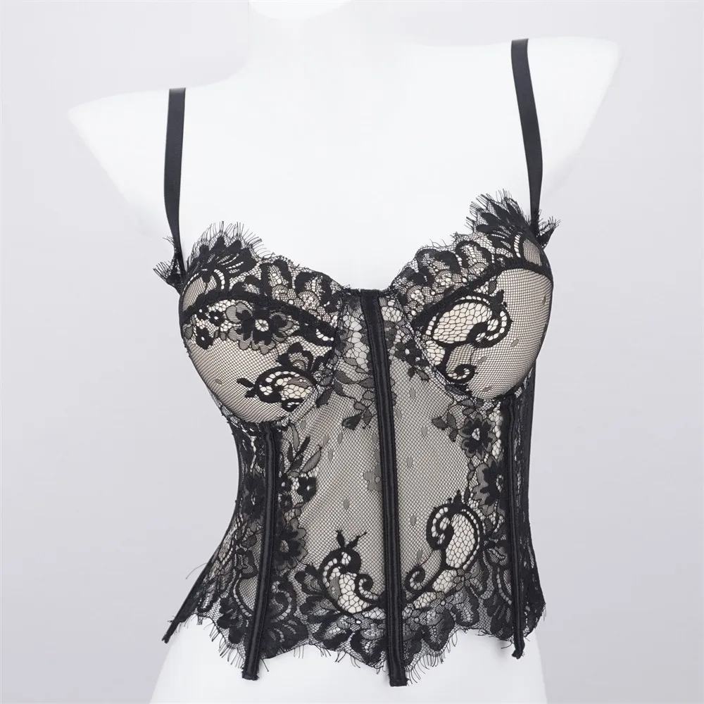 Elegante canotta in pizzo cavo trasparente slim fit crop top senza maniche canottiere corsetto in pizzo da viaggio