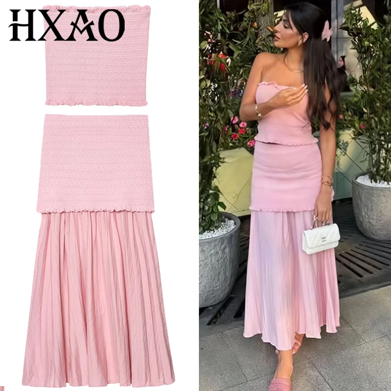 

HXAO Розовая вязаная юбка, женский комплект из двух предметов, укороченный топ без бретелек с открытыми плечами, плиссированный топ с высокой талией, длинная юбка, костюмы