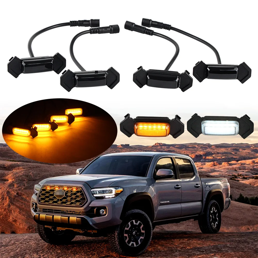 4pc Front Grille Lighting For 2016-up Toyota Tacoma w/TRD Pro Grill ONLY Front Grille DRL Parking Lights Lighting white yellow