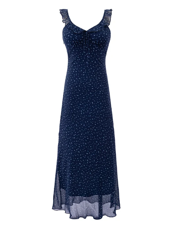 

Slimming Floral Print V-Neck Strapless Dress Women's Summer New Style Waist-Cinched Holiday Long Dress French Style Polyester