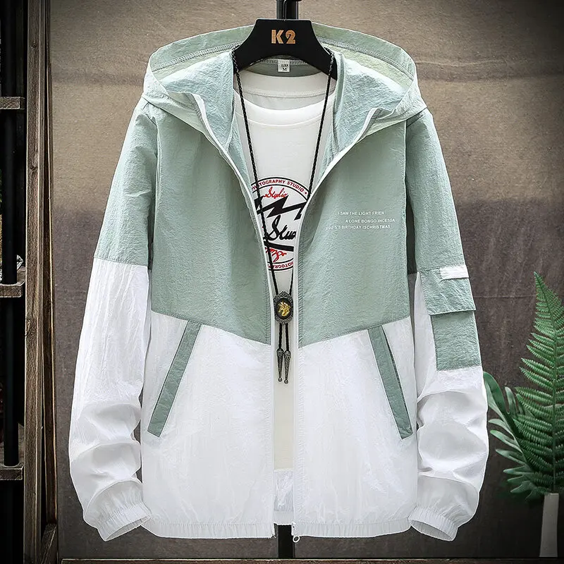 

Summer Men's Sun Protection Shirt Thin Quick Drying Hood Windproof Jacket Breathable Letter Print Casual and Versatile Cardigan