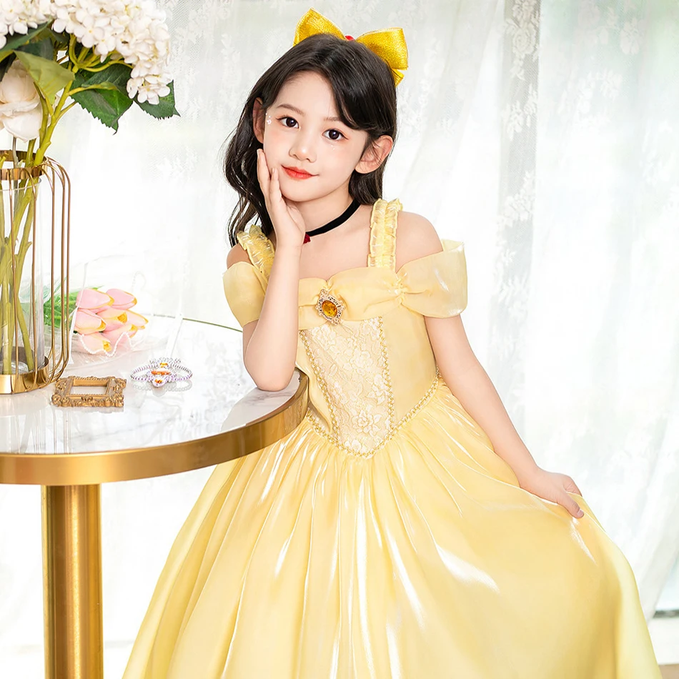 Disney Belle Prinzessin Kleid Mädchen für Schönheit und Tier Cosplay Kostüm Kinder Party Kleidung Magic Stick Krone Kinder Kleidung