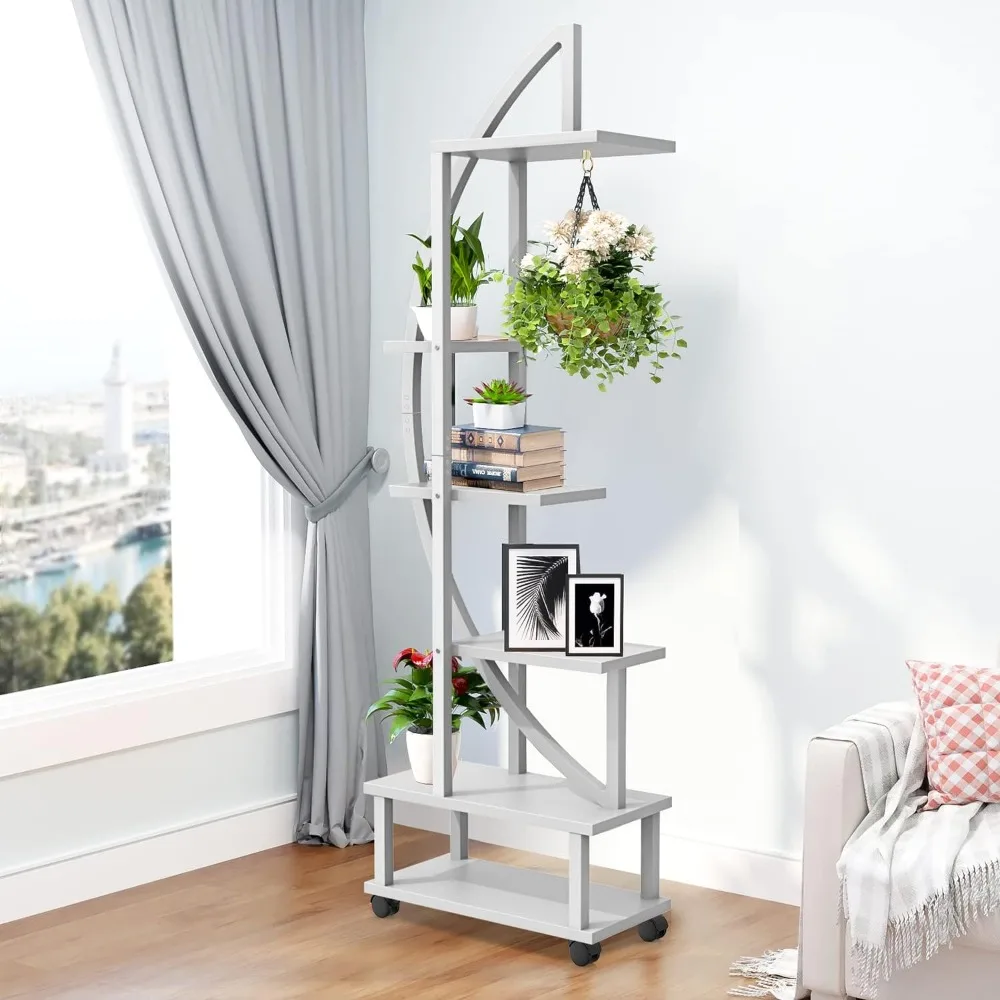 2 Pcs 6 Tier Tall Indoor Plant Stand with Detachable Wheels Plant Shelf Holder Half-Moon-Shaped Multi-Purpose for Home Decor