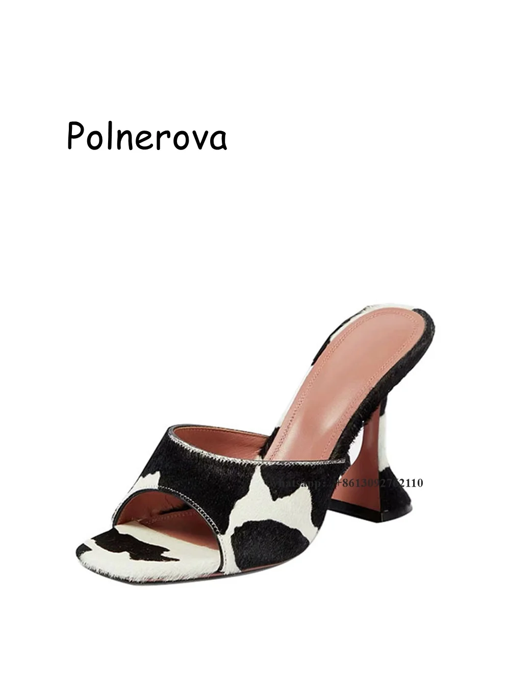 Pantofole in crine di cavallo con stampa mucca tacco in vetro scarpe da donna stile strano cintura con una parola punta aperta colori misti