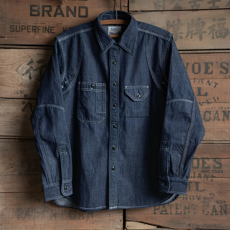 cigarette pocket shirt Non Stock 1930s Cigarette Pocket Work Shirt Retro Men's Long Sleeve  Blue-Collar Denim Casual Shirt