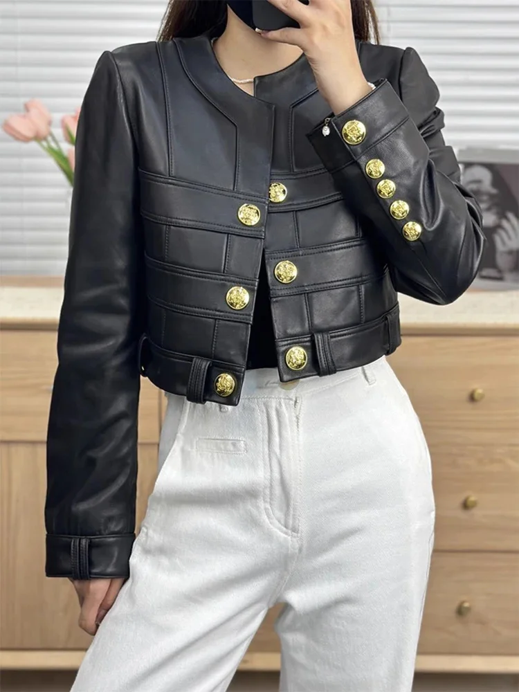 Leather Genuine Cropped Motorcycle Jacket for Women Spring Autumn 2024 New Gold Buttons Decoration Elegant O-neck Sheepskin Coat