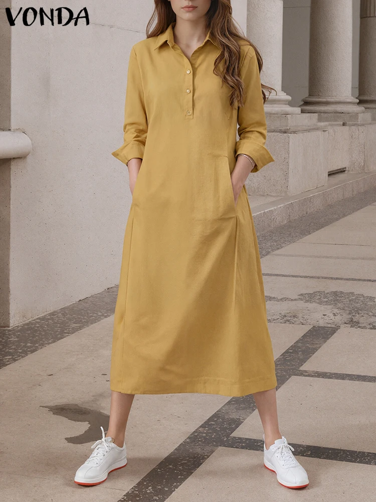 2025 Vestidos camiseros largos elegantes para mujer VONDA, Vestidos largos lisos con cuello de solapa de manga larga, Vestidos de otoño con botones y bolsillos, bata de fiesta para mujer